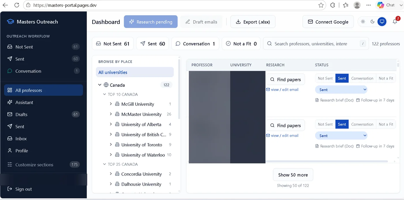 Masters Outreach dashboard showing outreach workflow states and university browsing