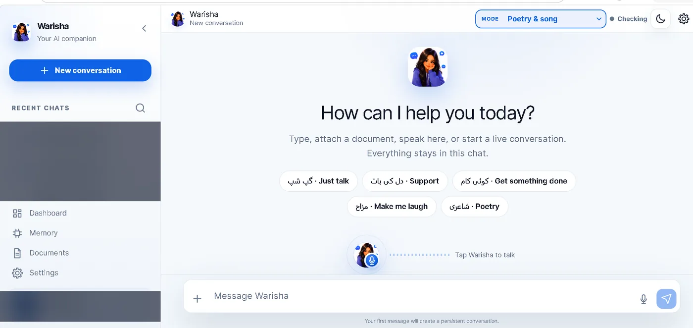 Warisha conversation interface showing language and interaction mode options